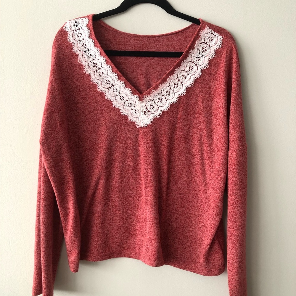 Women’s Lace Lined Vneck Long Sleeve Oversized Blouse Size Large New
